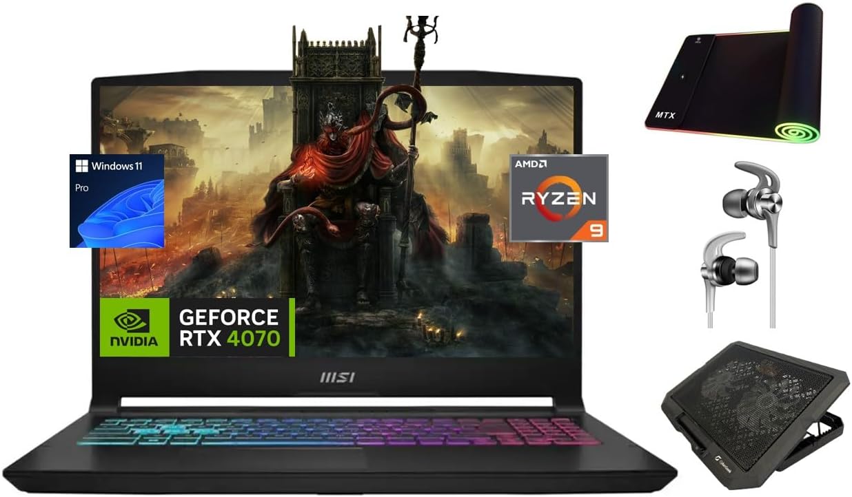 MSI Katana 15 4070 Gaming Laptop, 15.6″ 144Hz FHD Display, AMD Ryzen 9-8945HS AI CPU, NVIDIA RTX 4070, 64GB RAM, 2TB SSD, RGB KB, Ethernet, KeyPad, WiFi 6E, USB-C, 3-in-1 RGB Gaming Bundle, Win 11 Pro