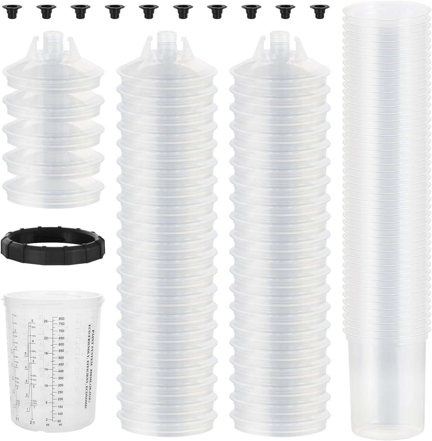 Disposable Paint Spary Gun Cups(800 ML/27 OZ), Spray Paint Cup Kit with 45 Cup Liners, 45 Lids, 10 Sealing Plugs, 1 Retainer Ring, 1 Hard Cup