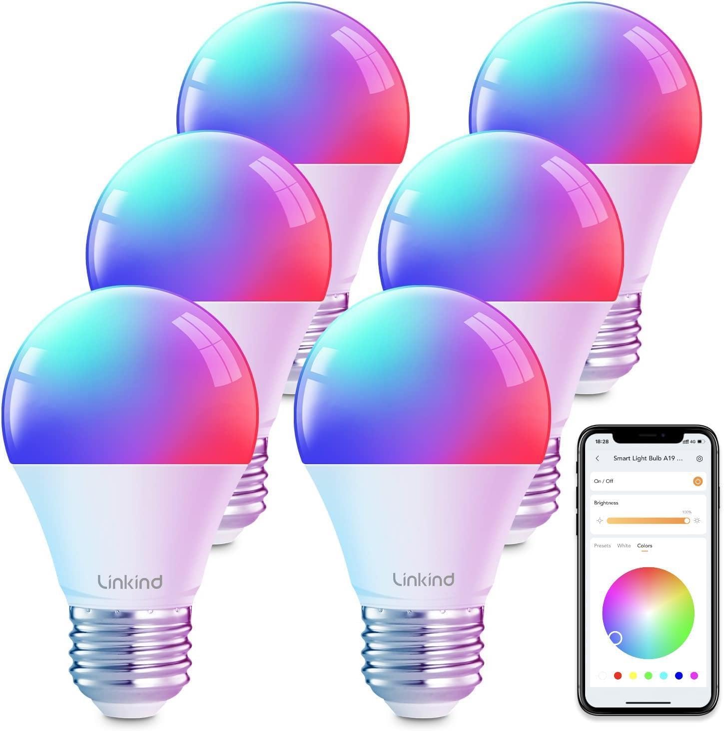 Linkind Color Changing Smart WiFi Light Bulbs, Work with Alexa & Google Home, A19 E26 Dimmable RGBTW Bulbs, No Hub Needed, 800 Lumen, 2.4Ghz WiFi, 6 Pack