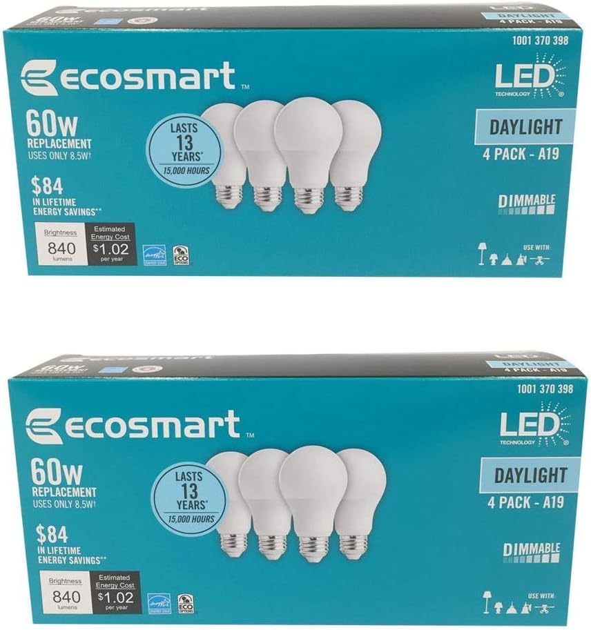 EcoSmart 60W Equivalent Daylight A19 Energy Star, Dimmable LED Light Bulb (8 Pack)