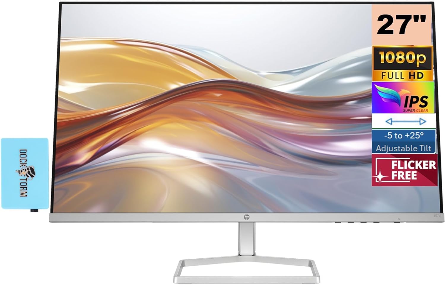 HP Series 5 527sf Monitor (Replaces Model M27h) 94F44AA#ABA w/Docztorm Dock, 27″ FHD IPS (1920×1080) Display, 2x HDMI, 1x VGA, Flicker-free, Ideal for Home & Business, Black/Silver (2024 Latest Model)