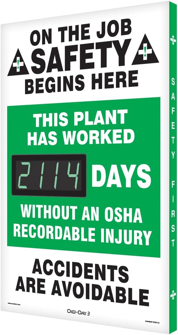 Accuform SCK114 Aluminum Digi-Day2 Electronic Scoreboard, ON The Job Safety Begins HERE – This Plant HAS Worked #### Days Without an OSHA RECORDABLE Injury – Accidents are AVOIDABLE”