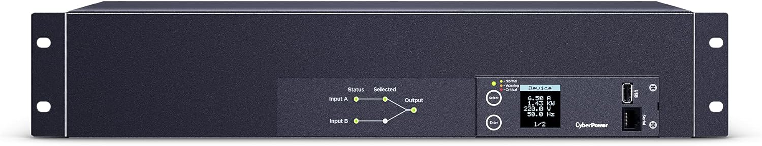 CyberPower PDU24007 Metered ATS PDU, 200-240V, 20A (Derated to 16A), 10 Outlets, 2U Rackmount