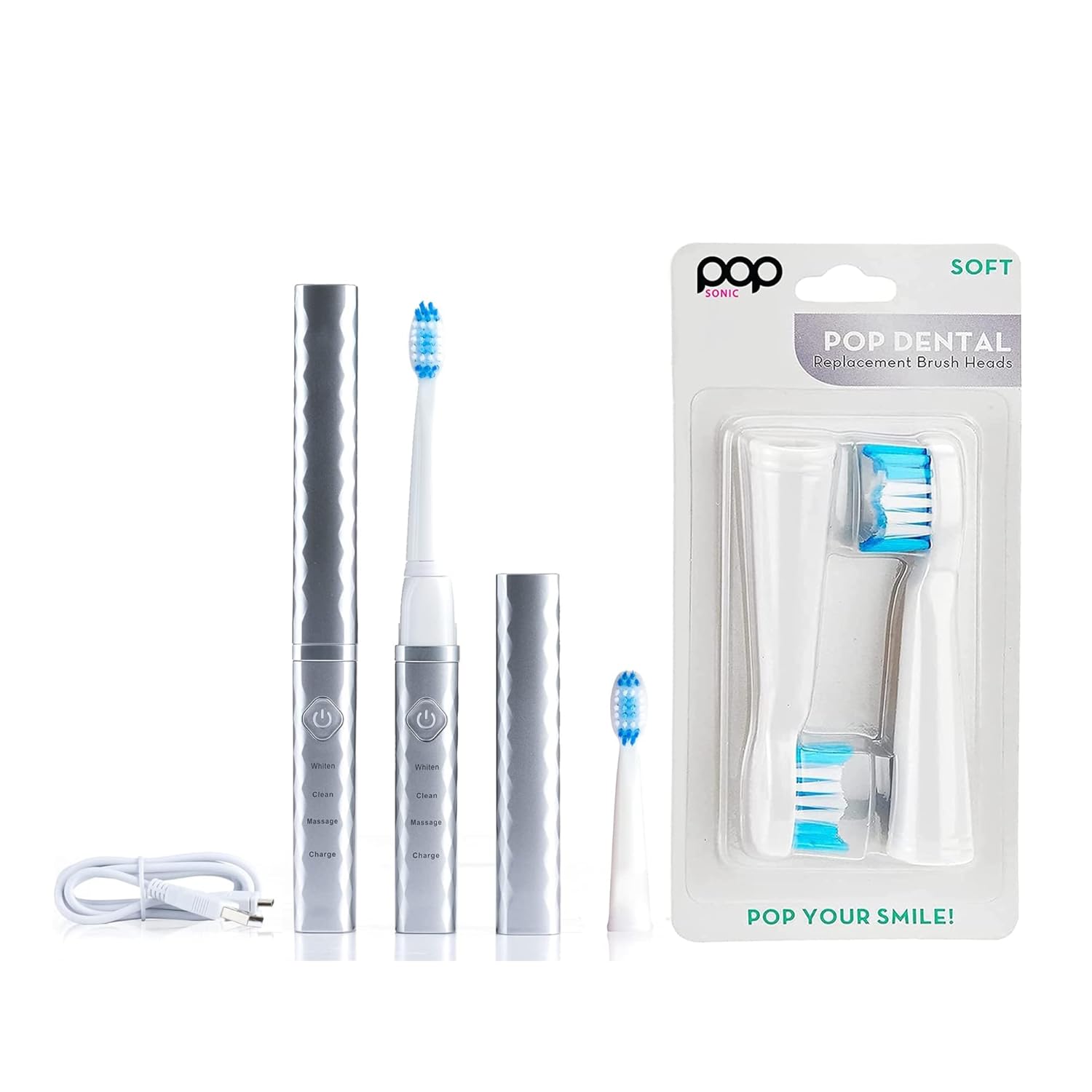 Pop Sonic USB Charge Anywhere Toothbrush(Silver) Bonus 2 Pack Replacement Head | Rechargeable Toothbrush w/Up to 40,000 Brush Strokes/Minute