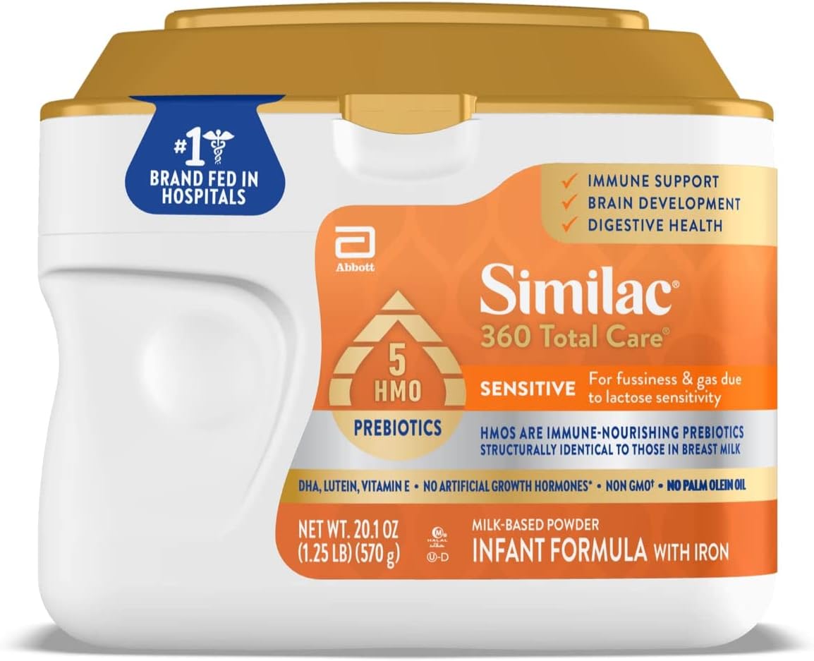 Similac 360 Total Care Sensitive Infant Formula for Fussiness & Gas Due to Lactose Sensitivity, Has 5 HMO Prebiotics, Non-GMO,‡ Baby Formula Powder, 20.1-oz Tub