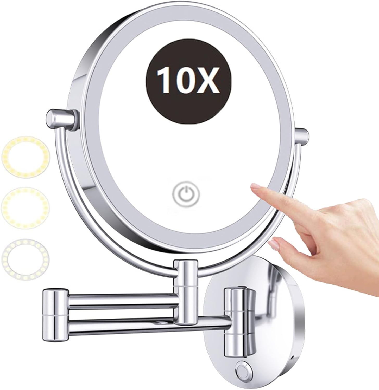 8 Inch Hard-Wired Wall Mounted LED Lighted Make up Vanity Mirror with Touch Screen Dimmable, Dual Sided Rotatable 10X Magnifying Cosmetic Beauty Mirror, Bathroom HD Shaving Mirror,Black,1Color