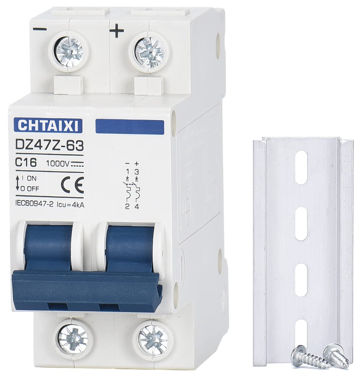 DC Miniature Circuit Breaker, 2 Pole 1000V 16 Amp Isolator for Solar PV System, Thermal Magnetic Trip, DIN Rail Mount, Chtaixi DC Disconnect Switch C16