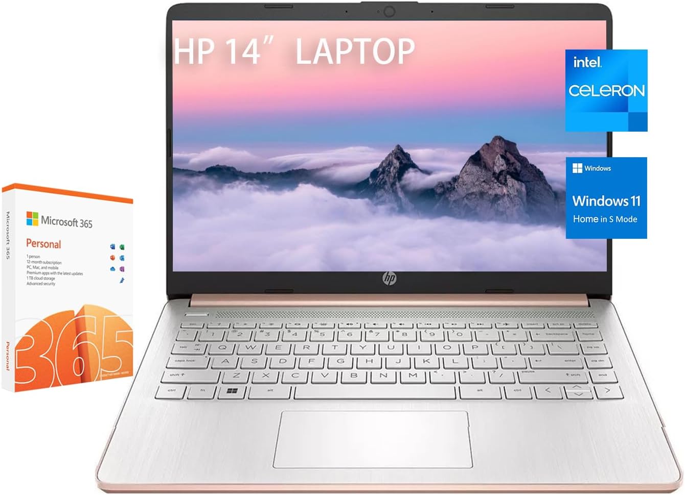 HP Stream 14 Inch Laptop for Student，Intel Celeron N4120,16GB RAM,128GB eMMC,Microsoft 365 with 1TB Cloud Storage,720p Webcam,Windows 11 S,Long Battery Life,with 5ave Accessories,Rose Gold