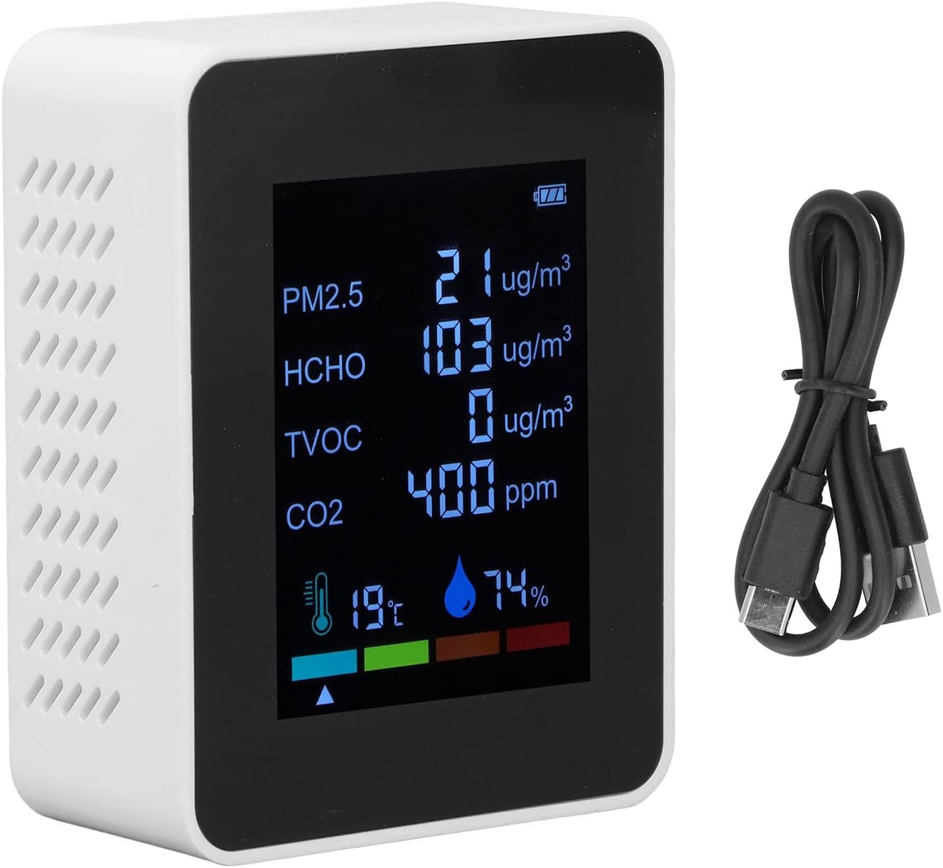 Air Quality Monitor, Multifunctional 6 in 1 CO2 Meter Air Quality Monitor Temperature PM2.5 TVOC HCHO Detector USB Charging, Test Carbon Dioxide Detector Temperature and Humidity Indoor(White)