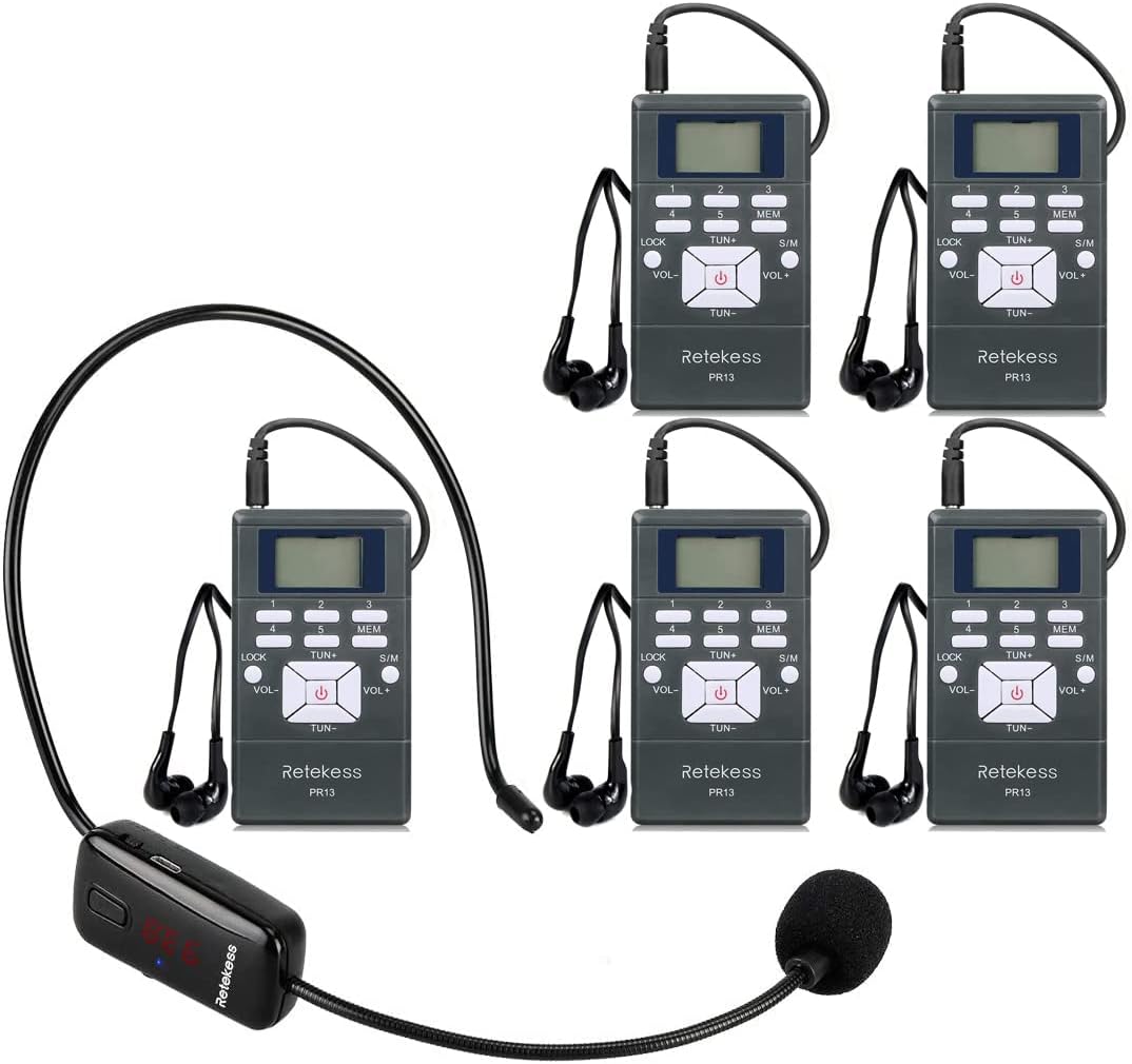 Retekess Wireless Microphone Headset System with 1 TR503 Transmitter and 5 PR13 FM Radio Receiver, Fm Listening System for Church,Training,School(Case of 1 Transmitter 5 Receivers)