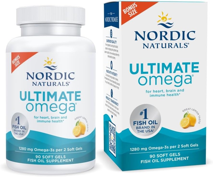 Nordic Naturals Ultimate Omega, Lemon Flavor – 90 Soft Gels – 1280 mg Omega-3 – High-Potency Omega-3 Fish Oil Supplement with EPA & DHA – Promotes Brain & Heart Health – Non-GMO – 45 Servings