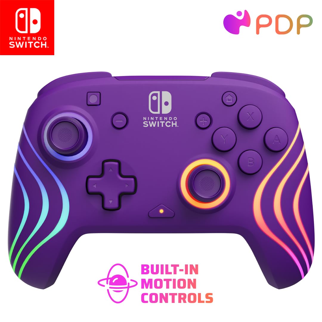 PDP Afterglow Wave Wireless Pro Controller with Full Motion for Nintendo Switch, Nintendo Switch – OLED Model, 8 RGB LED Lighting Zones, 30 Foot Range, 20 Hour Rechargeable Battery: Purple