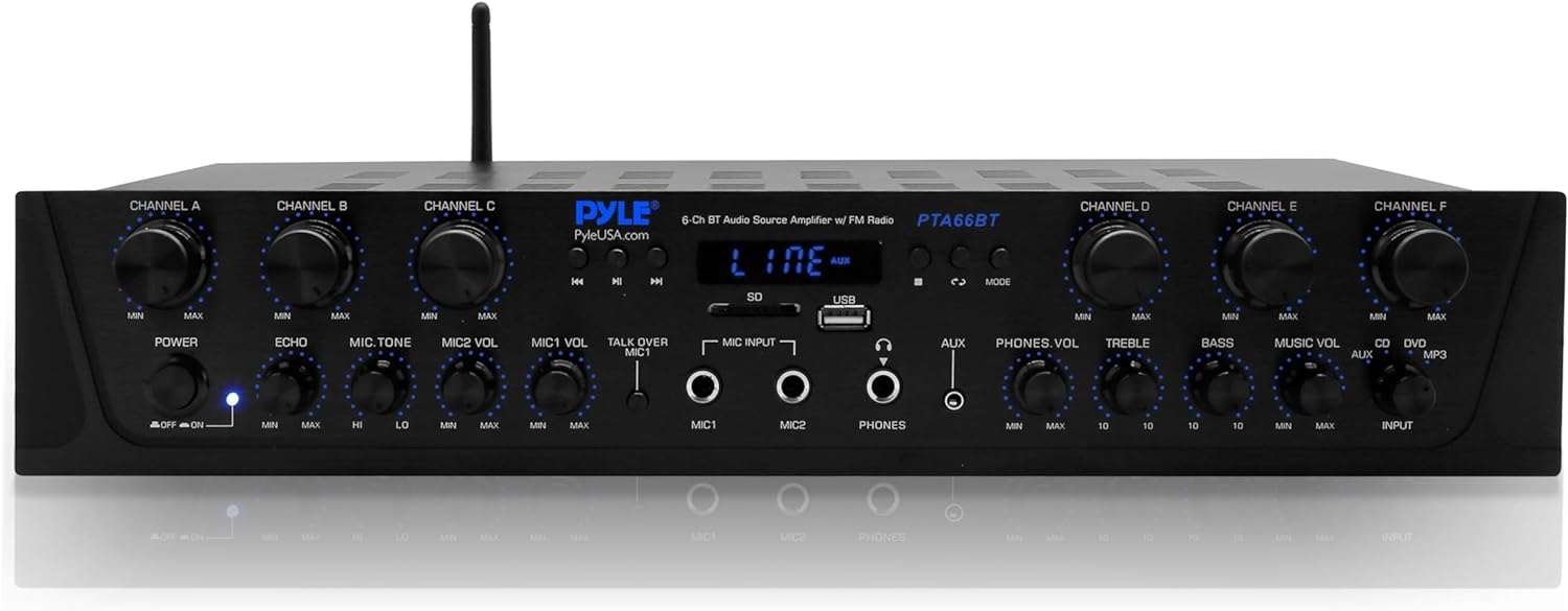 Pyle Wireless Home Audio Amplifier System – Bluetooth Compatible Sound Stereo Receiver Amp – 6 Channel 600 Watt Power, Digital LCD, Headphone Jack, 1/4” Microphone IN USB SD AUX RCA FM Radio