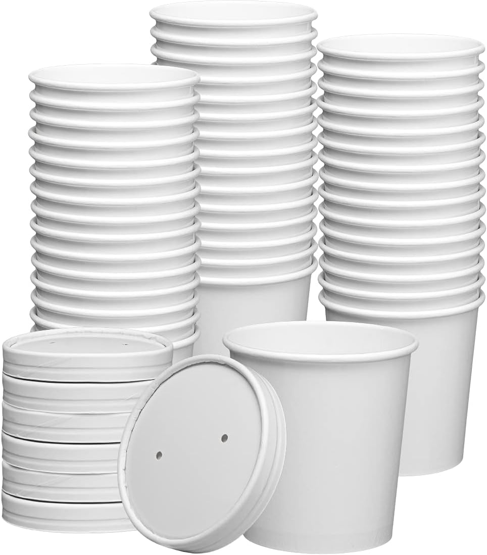 Comfy Package [16 oz. – 50 Count White Paper Food Containers with Vented Lids – To Go Hot Soup Bowls, Disposable Ice Cream Cups, Ideal for Hot and Cold Foods