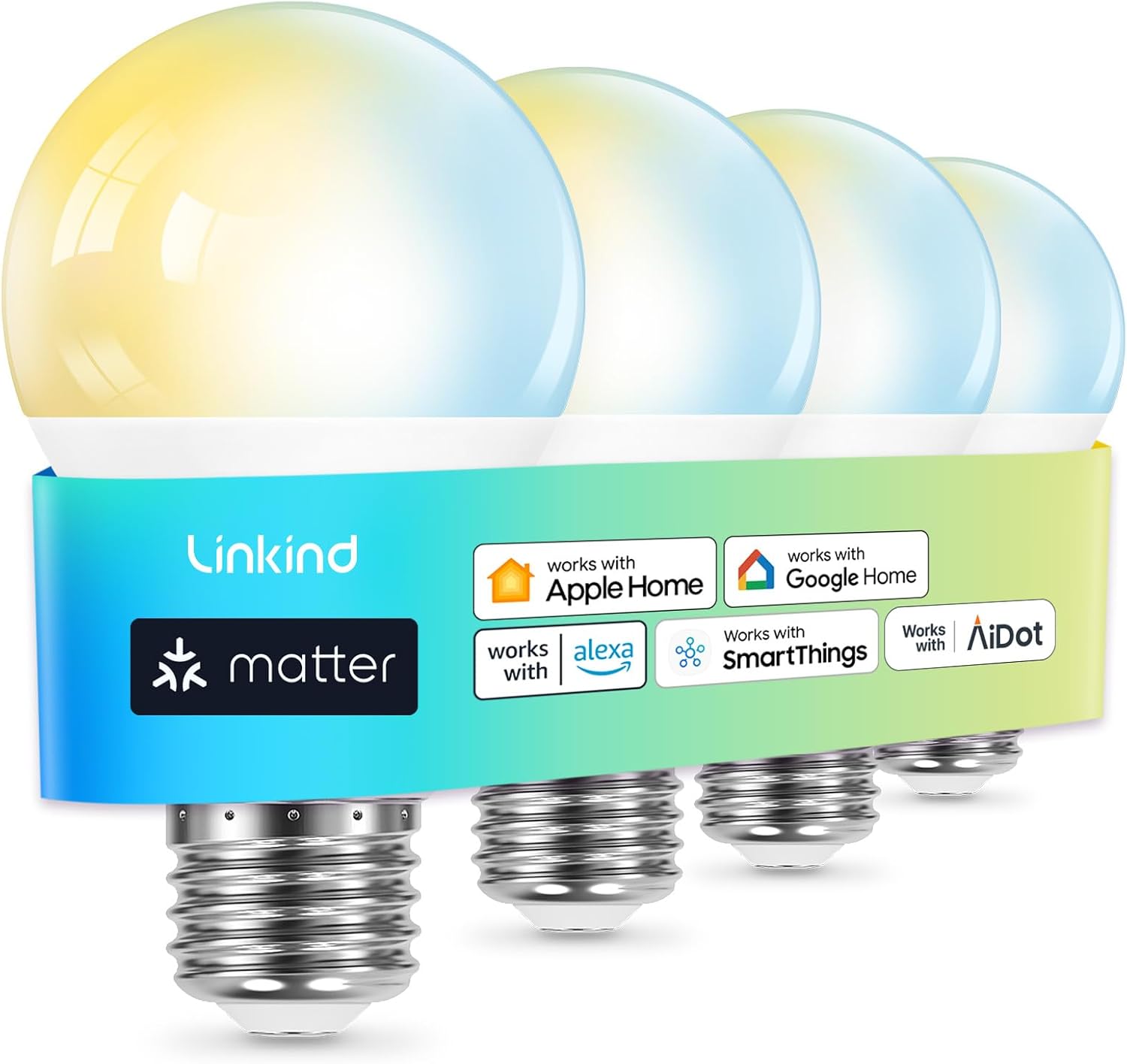 Linkind Matter Smart Light Bulb, Soft White to Daylight Tunable Alexa Light Bulbs, Smart Bulbs Work with Apple Home, Alexa, Google Home, SmartThings, 2.4GHz Wi-Fi LED, A19 E26, 800LM, 60W (4-Pack)