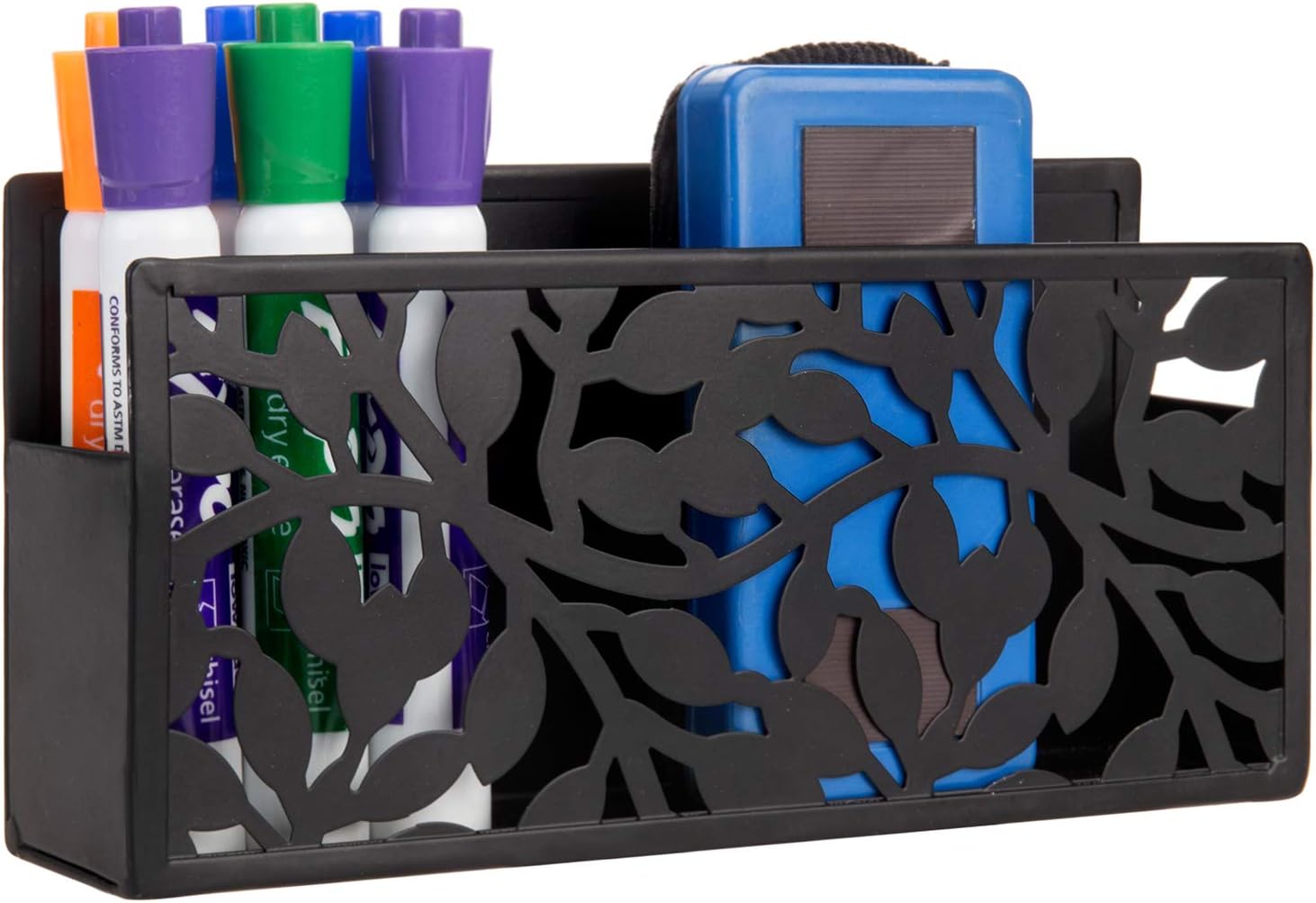 MyGift Black Metal Magnetic Dry Erase Marker Holder for Whiteboard Markers and Accessories Storage Basket Organizer with Floral Cutout Design