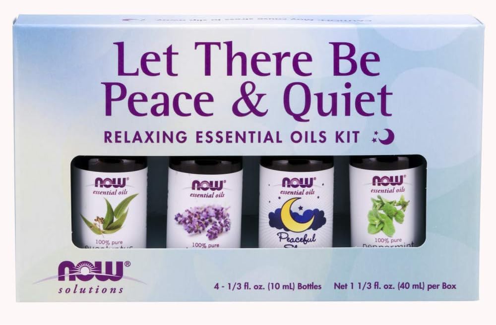 NOW Foods Essential Oils, Let There Be Peace & Quiet Aromatherapy Kit, 4x 10ml Including Lavender Oil, Peppermint Oil, Eucalyptus Oil and Peaceful Sleep Oil Blend With Child Resistant Caps