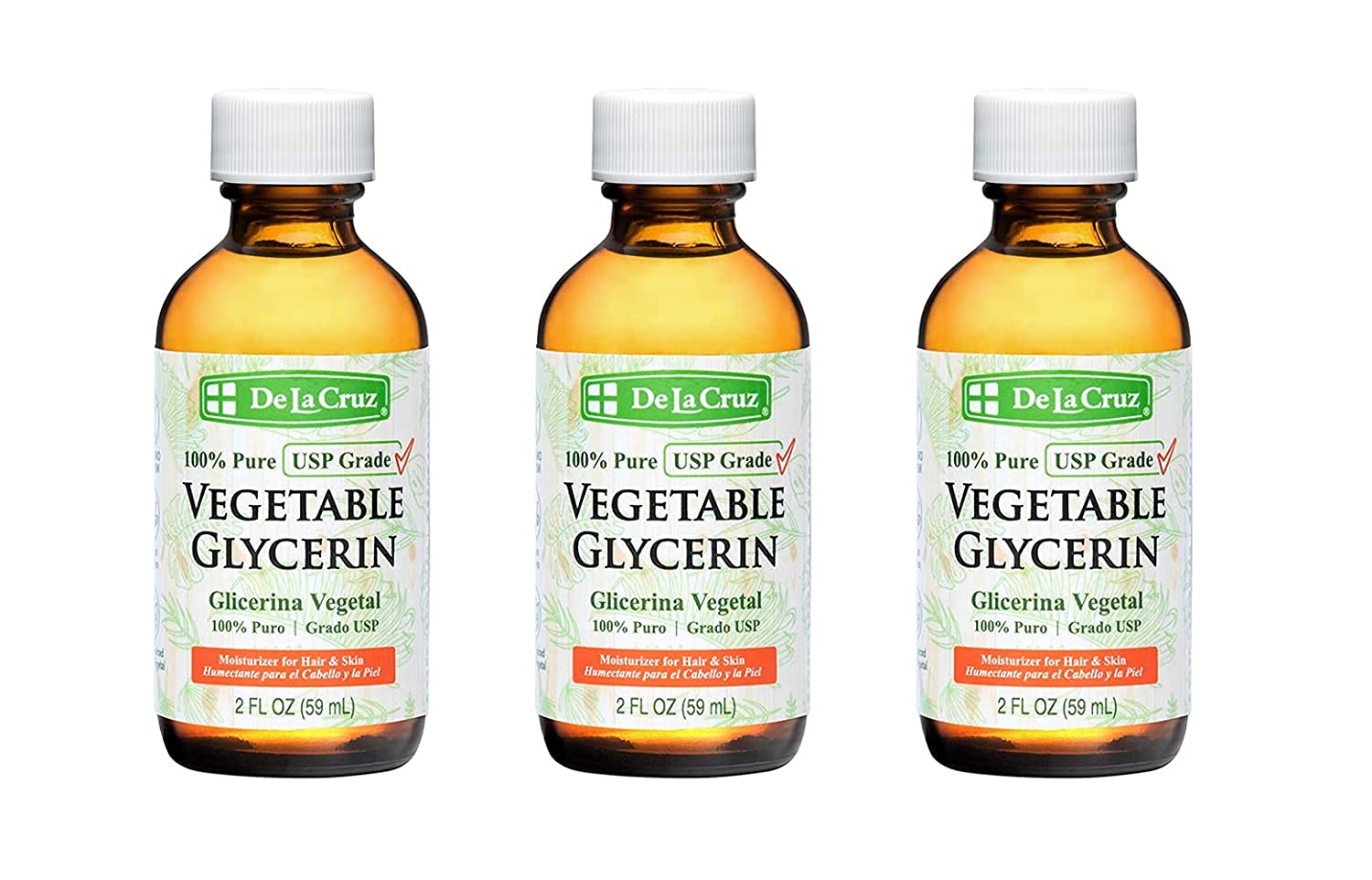 De La Cruz Vegetable Glycerin, 100% Pure Liquid Glycerine USP Grade for Hair, Skin and DYI Projects 2 FL. OZ. (3 Bottles)