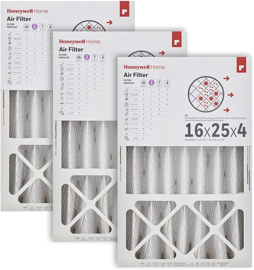 Honeywell Home 16x25x4 MERV 8, AC Furnace Air Filter, 3 PACK (CF408F1625-3PKAM) (Actual Dimensions: 15.63 x 24.75 x 4.38 in.)