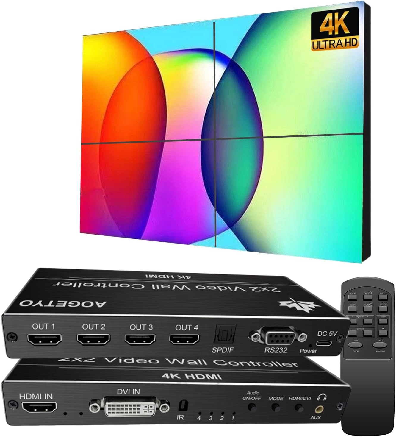 Video Wall Controller,HDMI & DVI 4k Input Makes 4 TV Screens Into 1 Wall Display, 180° Rotate, Extra Audio, IR Remote &RS232+Button Press Control, Video Wall Controller 2×2 4k 1×2,1×3,1×4,2×1,3x1x4x1