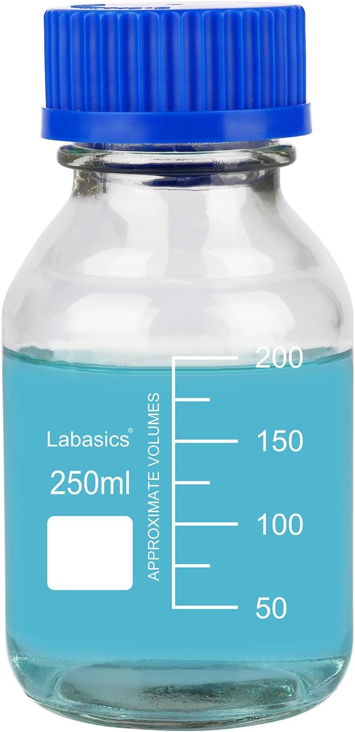 Round Media Storage Bottles with GL45 Blue Screw Cap, Glass Clear Wide Mouth Graduated Round Reagent Media Storage Lab Glass Bottle, 250 ml