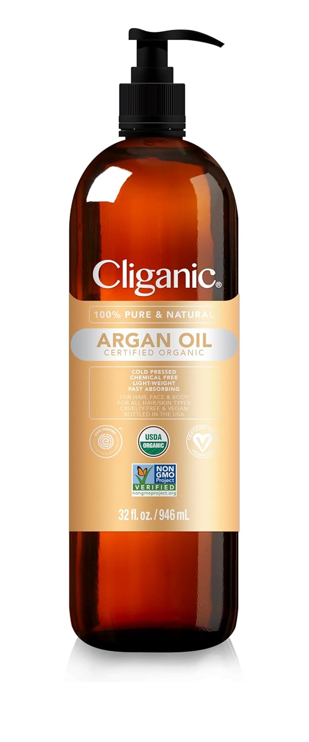 Cliganic Organic Argan Oil for Hair, Face & Skin (Bulk, 32oz with Pump) – 100% Pure, Cold Pressed