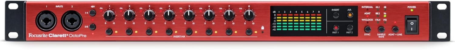 Fo­cus­rite Clar­ett+ Oc­to­Pre Pro­fes­sion­al Qual­ity 8-in/8-out ADAT Mic Preamp for Mu­sic Pro­duc­tion, with High Dy­nam­ic Range, Ul­tra-low Noise, and All-ana­logue Air