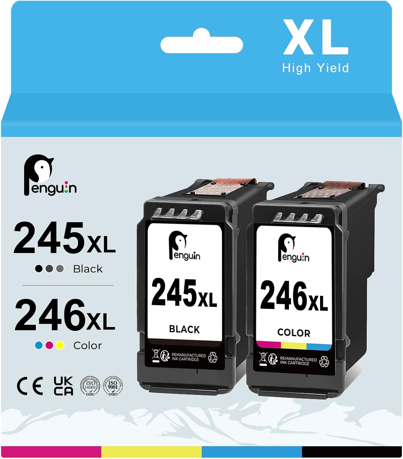 Penguin 245XL 246XL Ink Cartridge Repalcement for Canon PG-245 CL-246 PIXMA MG 2520 MG 2522 TS3322 MG2929 MG3052 MG2520 TS3120 TR4520 IP2850 Printers for Canon 245xl 246xl Combo Pack Black Color