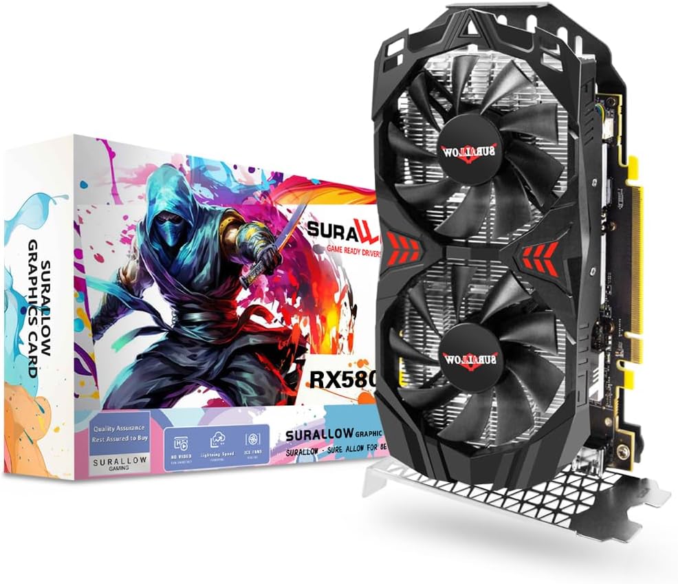 RX 580 Graphics Card 8GB 2048SP, GDDR5, 256 Bit, Pc Gaming Video Card, 3*DP, HDMI, PCI Express 3.0 with Freeze Fan Stop for Desktop Computer GPU for Gaming PC