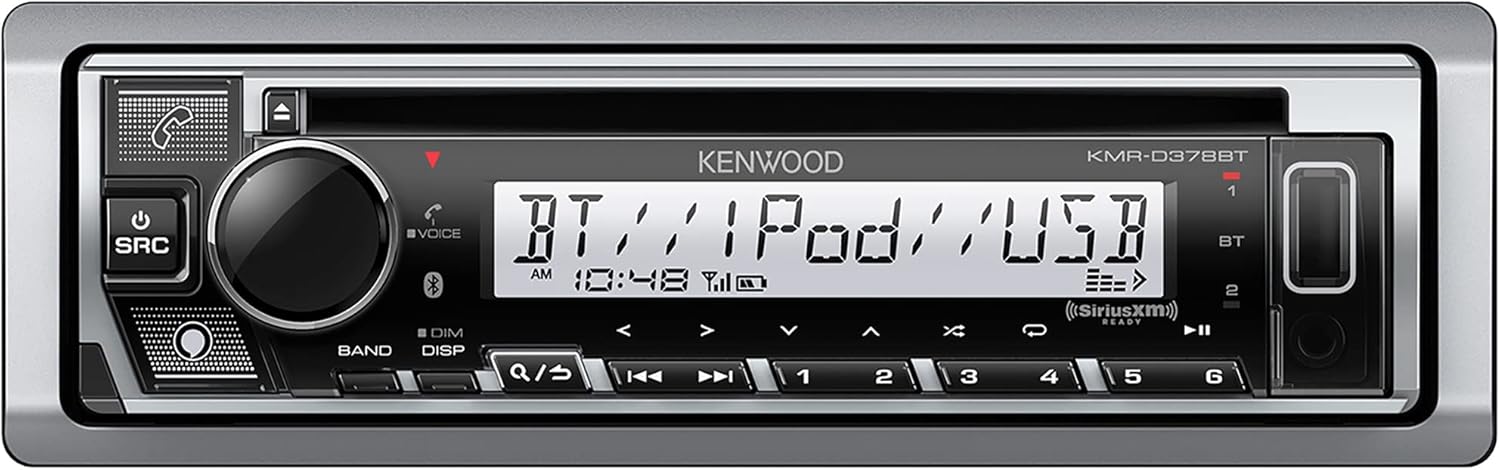 Kenwood KMR-D378BT Marine/Motorsports CD AM/FM Radio, Bluetooth, Amazon Alexa Compatible, SiriusXM Ready, Wireless Streaming – Pandora & Spotify, USB and AUX Input, Variable Color Display