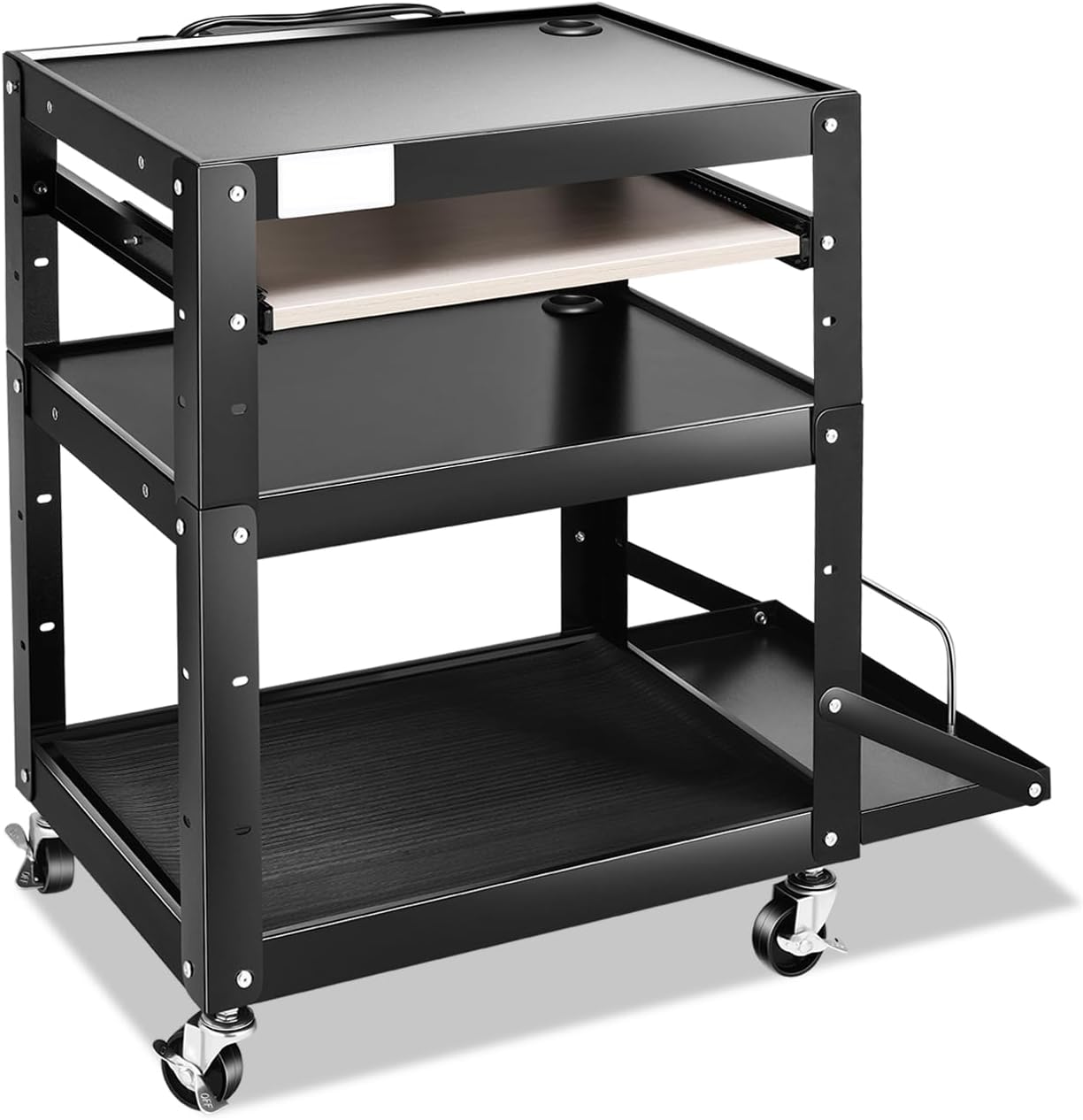 Auto Dynasty 3-Layer Utility Steel AV Cart, Height Adjustable Rolling AV Cart with Pullout Keyboard Tray, 31″ H Steel AV Cart on Wheels for Video Projector Laptop Computer, 3 Outlets, 2 USB Port