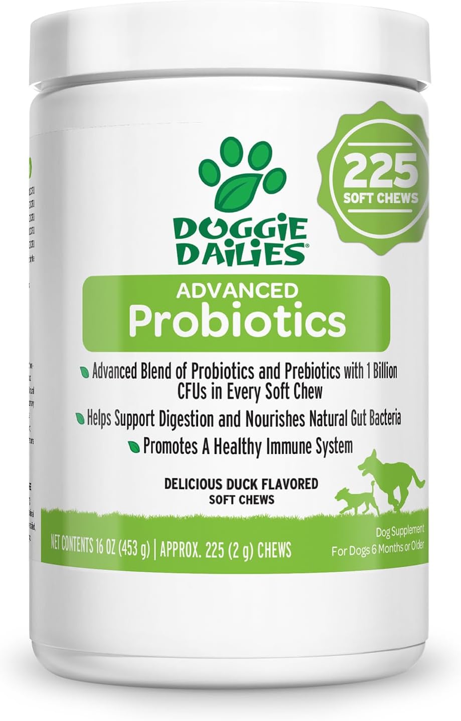 Doggie Dailies Probiotics for Dogs, Advanced Dog Probiotics with Prebiotics, Promotes Digestive Health, Supports Immune System and Overall Health (Duck)