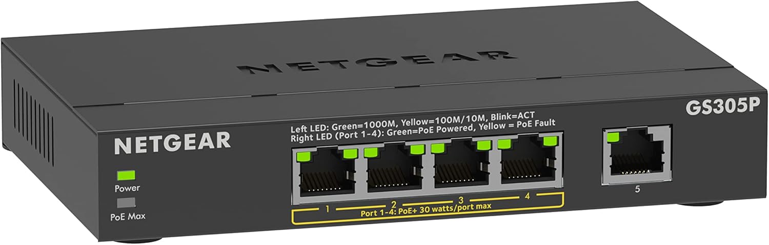 NETGEAR 5-Port Gigabit Ethernet Unmanaged PoE Switch (GS305P) – with 4 x PoE+ @ 63W, Desktop or Wall Mount