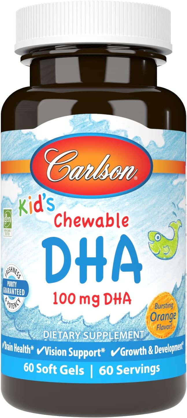 Carlson – Kid’s Chewable DHA, 100 mg DHA, Brain & Vision Function, Growth & Development, Orange, 60 Chewable Softgels