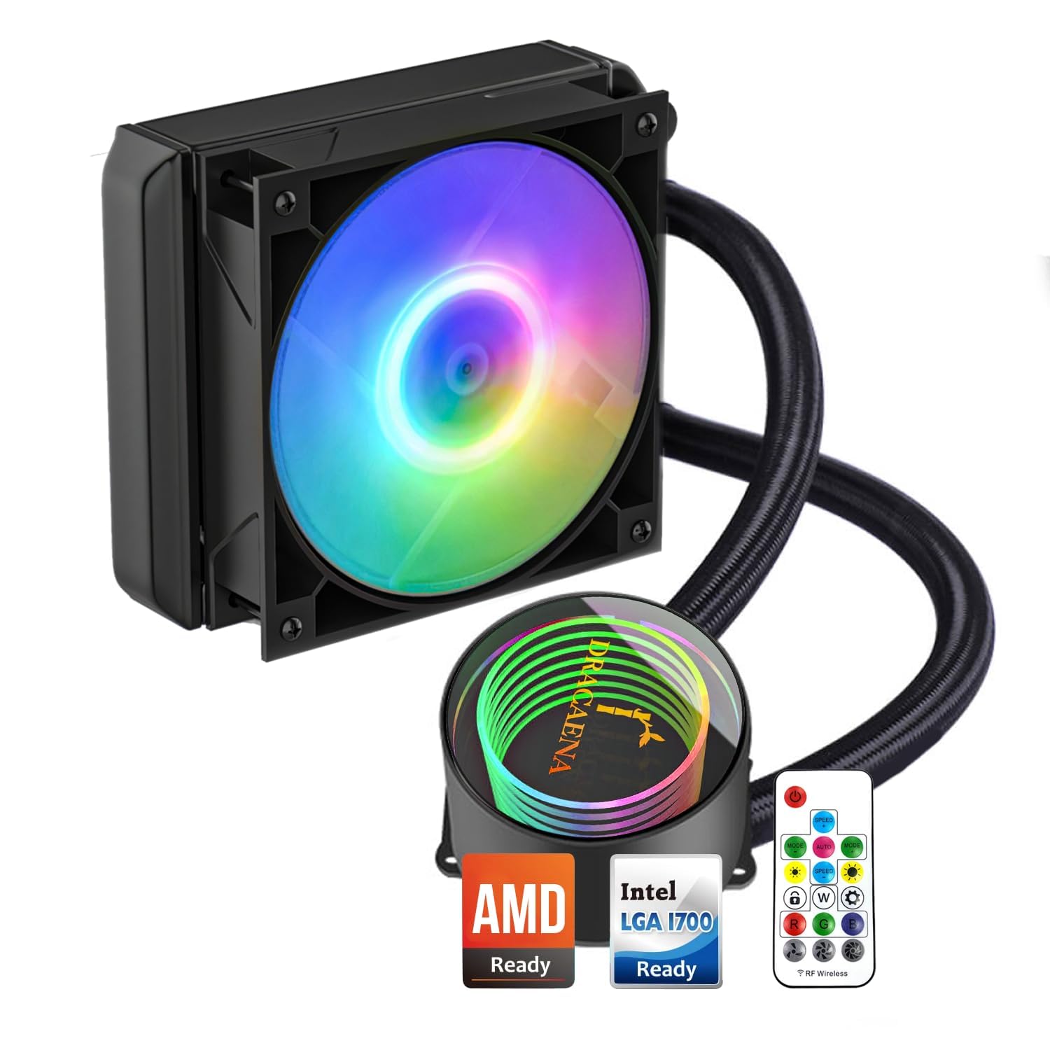 Dracaena AIO CPU Cooler, Color Change Remote, 120mm Radiator, ARGB PWM Fans Quiet Less Than 27DBA, Compatible with AMD AM5/AM4-Intel LGA 1700/1200/115X, Leakproof Technology, High Flow Pump, Black