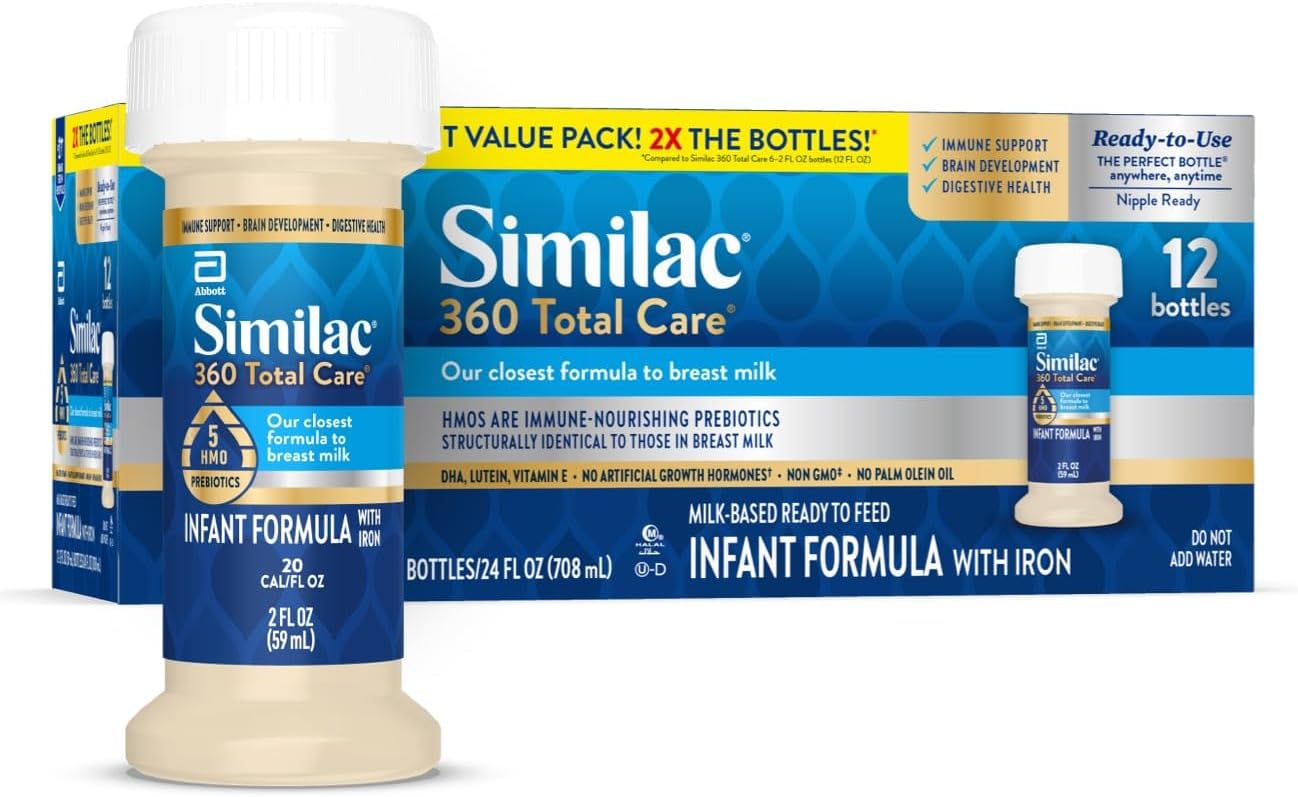 Similac 360 Total Care Infant Formula, Has 5 HMO Prebiotics, Our Closest Prebiotic Blend to Breast Milk, Non-GMO,‡ Baby Formula, Ready to Feed, 2-fl-oz Bottle, Pack of 12