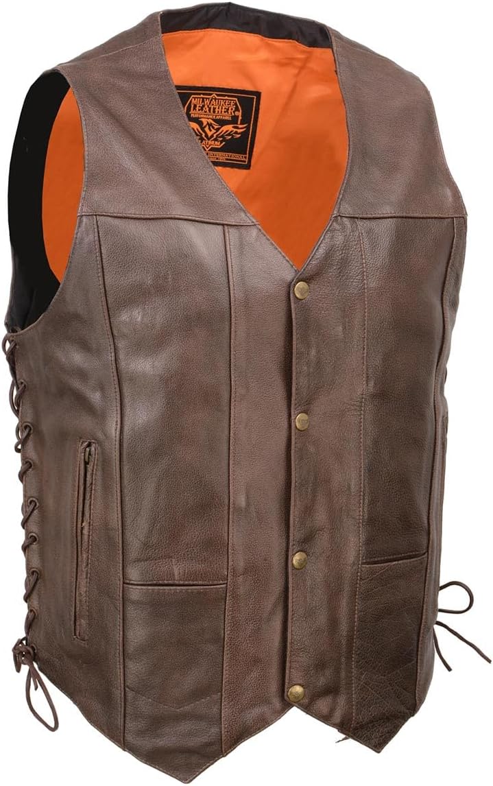 Milwaukee Leather Men’s Premium Leather Western Style V-Neck Motorcycle Rider Vest with Front Snap Closure |LKM|ML|SH – 60