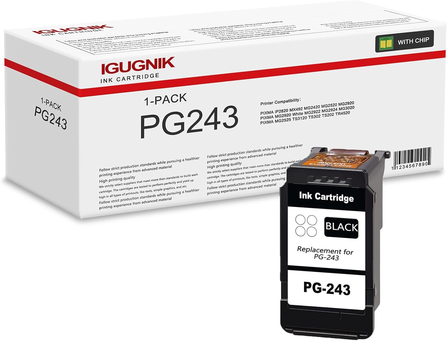 1 Pack PG243 Black Ink Cartridge （with Chip） Replacement for Canon PG243 Work with PIXMA iP2820 MX492 MG2420 MG2520 MG2920 MG2920 White MG2922 MG2924 MG3020 MG2525 TS3120 TS302 TS202 TR4520| PG243