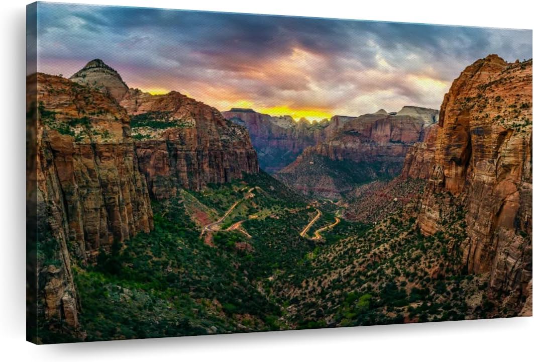 Elephant Stock Zion National Park At Sunset Canvas – 1 Panel Sunset Wall Decor – Yellow-Russet Wall Canvas – Scenic Sunsets Photography Wall Art for Living Room – 48″ X 32″