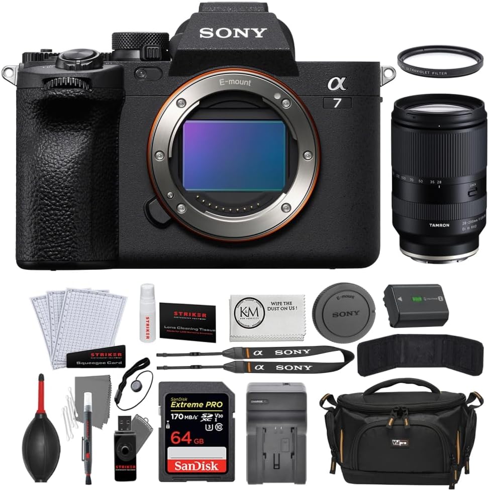 Sony Alpha a7 IV Mirrorless Digital Camera | Body Only Bundle with Tamron 28-200mm f/2.8-5.6 Di III RXD for Sony E Mount + 64GB Card + Camera Case + Photo Starter Kit + Cloth + Charger (7 Items)