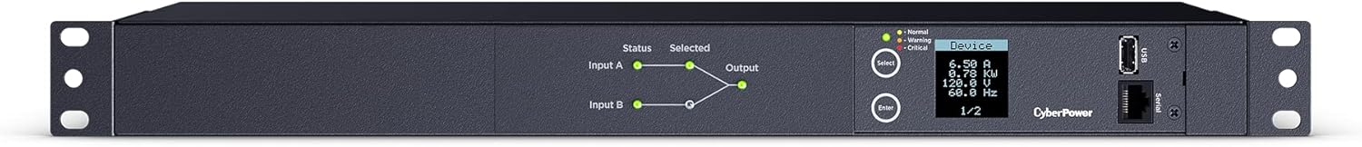 CyberPower PDU24001 Metered ATS PDU, 100-120V, 15A (Derated to 12A), 10 Outlets, 1U Rackmount