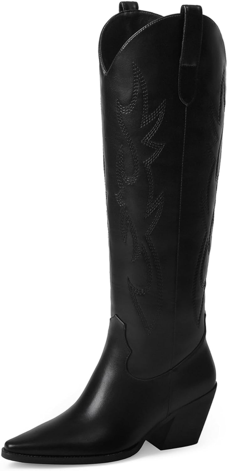 iiimmu Cowgirl Boots Women Knee High Boots Pointed Toe and Block Heel Cowboy Suede and Faux Leather Boots with Embroidered