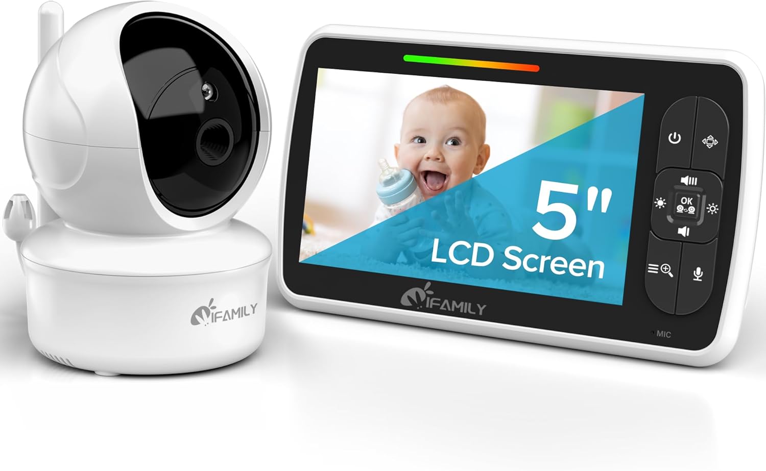 iFamily Baby Monitor – Large 5″ Screen with 30Hrs Battery Life – Remote Pan-Tilt-Zoom;No WiFi, Two-Way Audio, Night Vision, Temperature, Lullabies, 960ft Long Range Baby Monitor with Camera and Audio