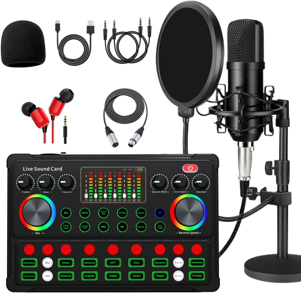 Podcast Equipment Bundle, with BM800 Podcast Microphone and V8 Sound Card, Voice Changer – Audio Interface -Perfect for Recording, Singing, Streaming and Gaming (M300)