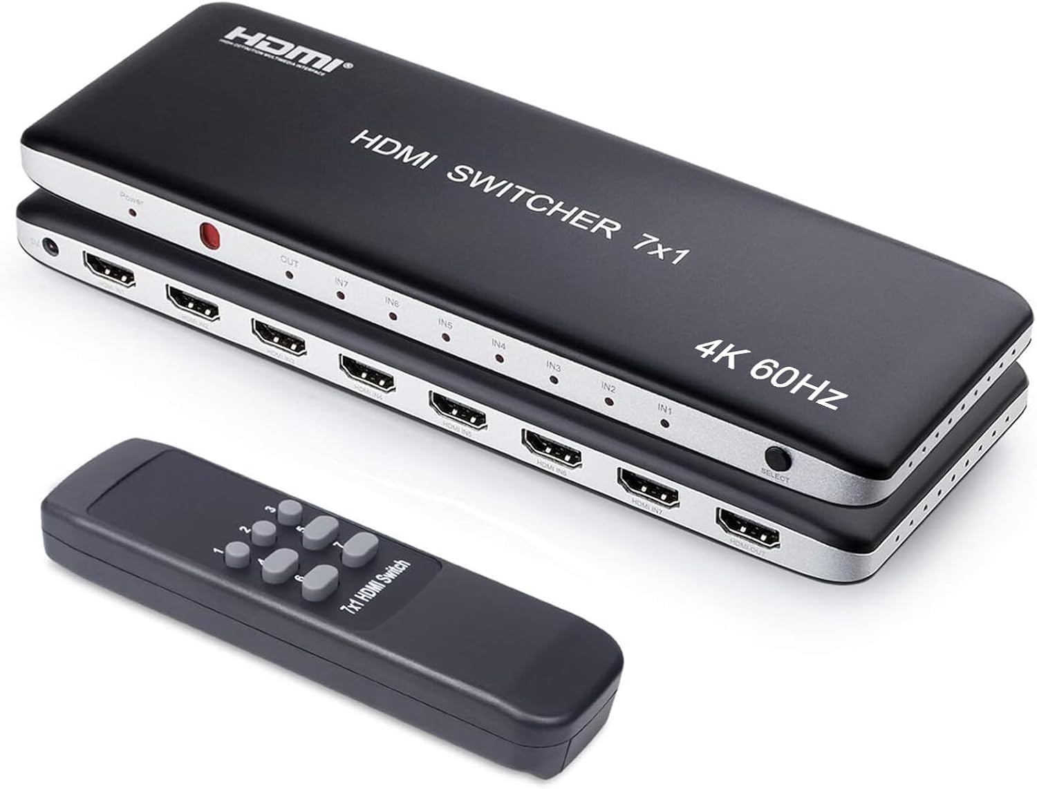 Univivi 7 Port HDMI Switch Version 2.0 4K@60Hz HDMI Switcher Support HDR & HDCP 2.2, Full HD/3D with IR Wireless Remote Control and Power Adapter