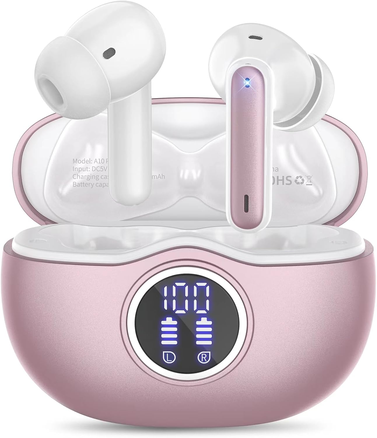 Wireless Earbuds, Bluetooth Headphones with Stereo Sound, LED Power Display Earphones with 50H Playtime Wireless Charging Case, IPX7 Waterproof Ear Buds with Mic for iPhone and Android, Rose Gold