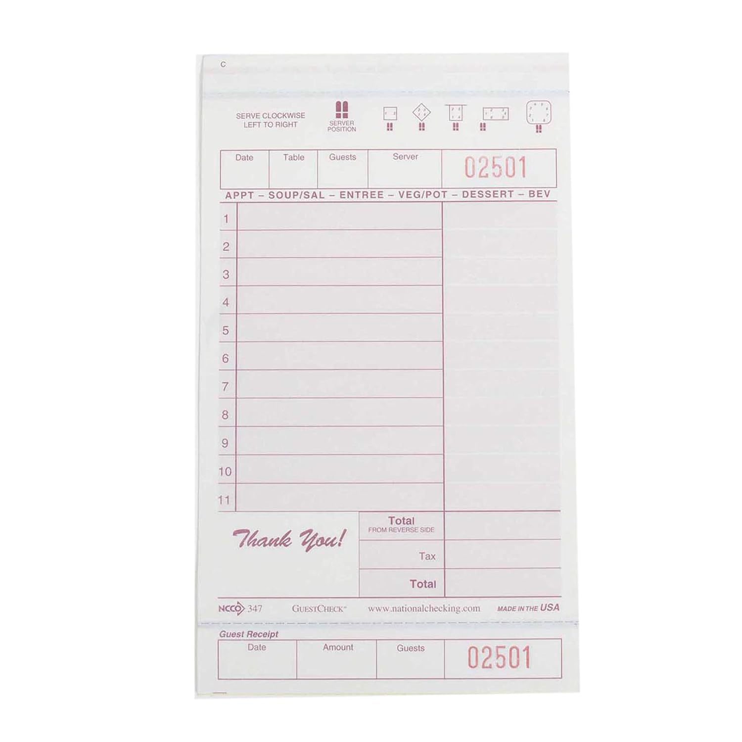 Company Carbonless Guest Check Board – 3 Part Maroon, 11 Line, 4.20 x 7.25 inch – 2000 per case.