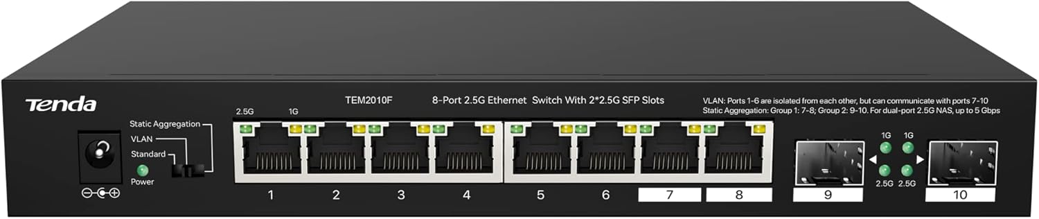 Tenda TEM2010F, 8 Port 2.5G Ethernet Switch Support NAS 5G Transmission, Unmanaged 2.5G Switch with 8 x 2.5G Ports, 2 x 2.5G SFP Slots, 50Gbps Switching Capacity, Fanless, Limited Lifetime Protection