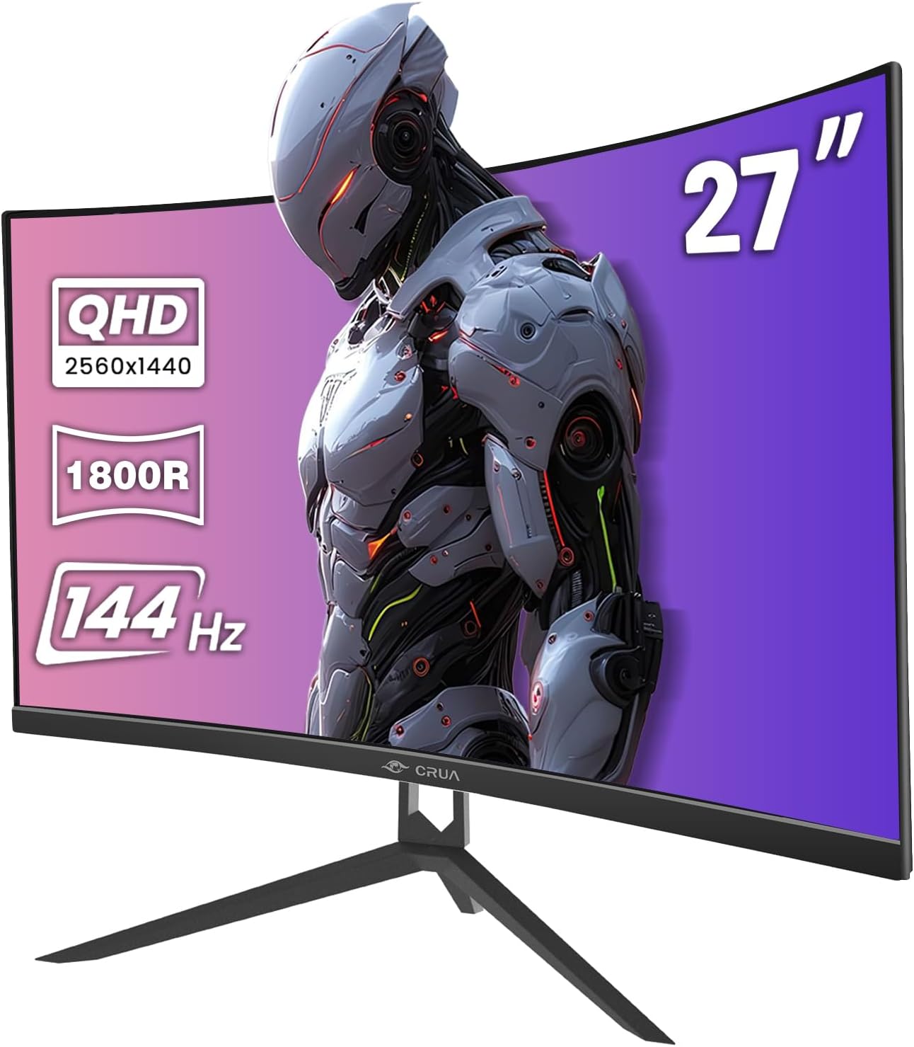 CRUA 27″ Curved Gaming Monitor, QHD(2560x1440P) 144Hz/165Hz 99% sRGB Professional Computer Monitors, Support AMD FreeSync, Wall Mountable Installs(HDMI, DP)-Black