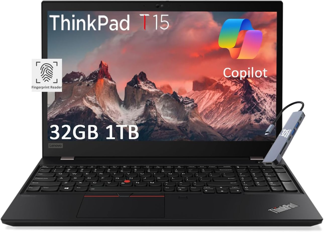 Lenovo ThinkPad T15 Business Laptop (15.6″ FHD Anti-Glare, Intel Core i7-1185G7, 32GB RAM, 1TB SSD), Fingerprint, 3-Year Warranty, Webcam, Wi-Fi 6, IST Hub, Win 11 Pro w/AI Copilot, Black